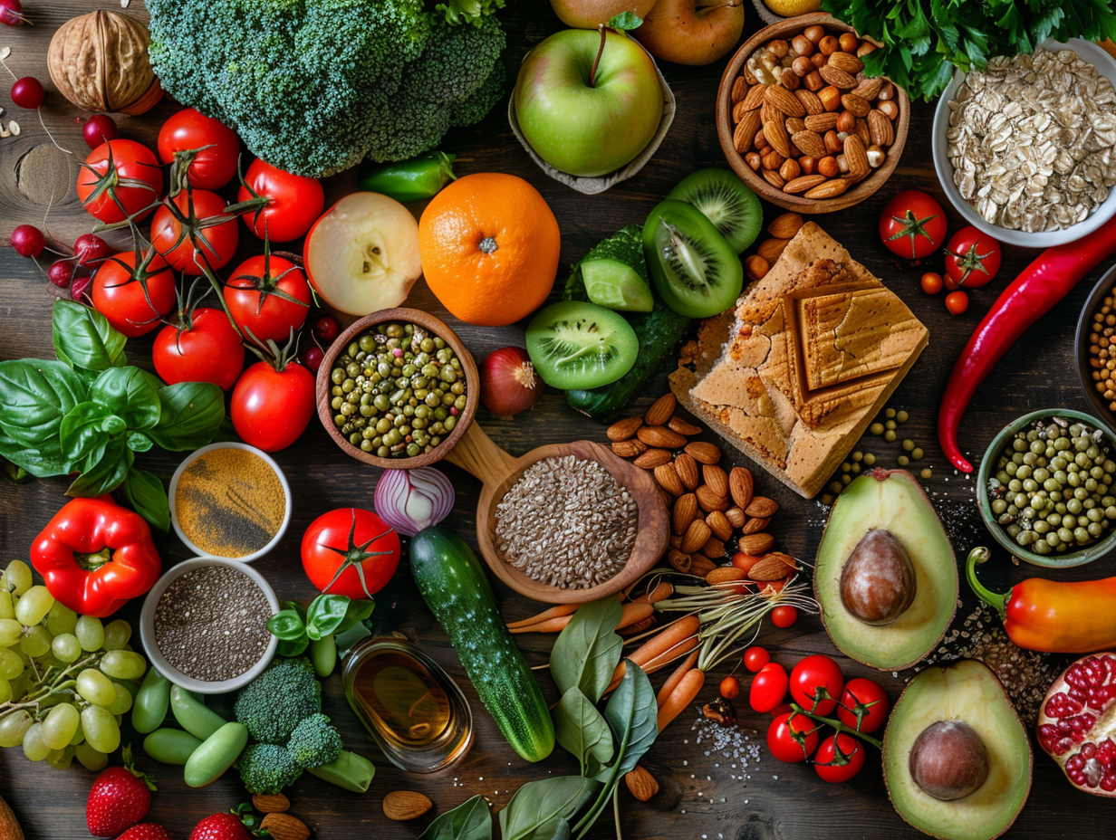 Різноманітні здорові продукти та свіжі овочі